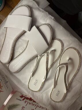 Charles Albert White Slide and Rhinestone Thong Sandal Set Size 9